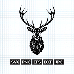 Può includere: Silhouette in bianco e nero di una testa di cervo con grandi corna.