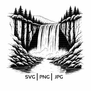Waterfall and Trees Landscape SVG Design | Nature Scene Vector | Waterfall Silhouette | Wilderness Art | svg - png - jpg Files