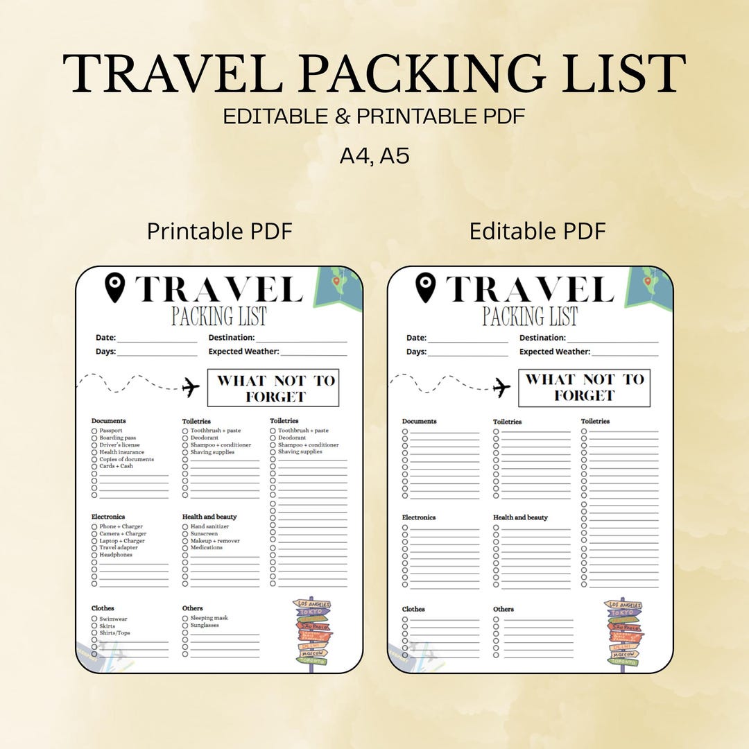 Printable Travel Packing List Template PDF, Editable Vacation and ...