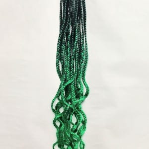 May include: Braided hair extensions in a gradient of black to vibrant green. The braids are secured with a sparkling silver band and a bright pink ribbon. The ends of the braids have a wavy texture.