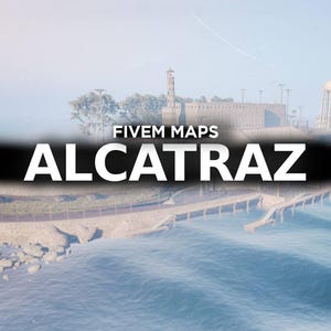 Op de afbeelding: Een afbeelding van Alcatraz Island met de tekst "FIVE M MAPS ALCATRAZ" in witte letters. Het eiland is omgeven door blauw water en heeft een pier die zich uitstrekt in het water. De lucht is lichtblauw.