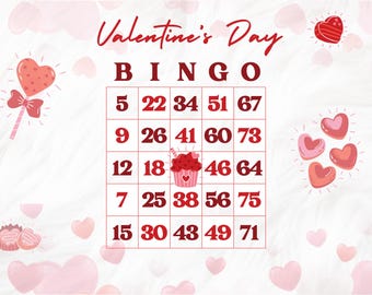 50 Valentine's Day Bingo Cards PDF Download - Printable Bingo Game Cards for Parties, 1 Card, 2 Cards, and 4 Cards available