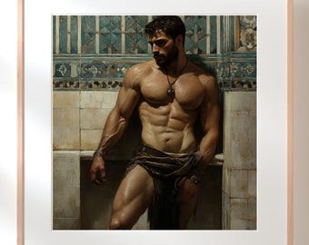 Gladiador musculoso descansando en un hammam - Arte realista