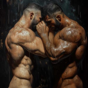 Stampa artistica di uomini muscolosi: dipinto di lottatori intimi (download digitale)