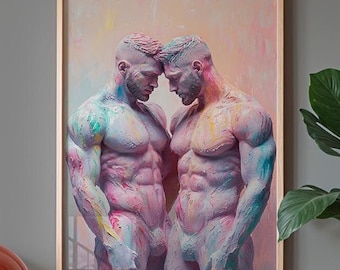 Lámina abstracta de arte gay: Hombres musculosos, colores pastel (descarga digital)
