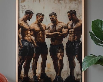Grupo de hombres musculosos hablando - Pintura al óleo digital audaz
