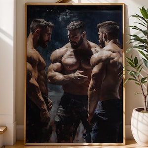 Dynamic Trio of Muscular Men Wrestlers - Oil Painting Style Digital Artwork