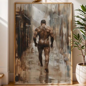 Urban Resilience – Powerful Figurative Cityscape Painting Masculine Urban Art - Man Walking Away Painting - Brown Tones Digital Print