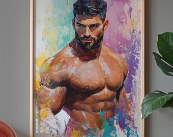 Pintura al óleo abstracta de hombre musculoso: Retrato colorido al pastel (Descarga digital)