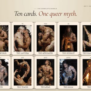 May include: A set of ten tarot cards featuring illustrations of muscular figures. The cards are labeled with titles such as "The Emperor," "The Lovers," and "The Sun." The text "Ten cards. One queer myth." is displayed above the cards.
