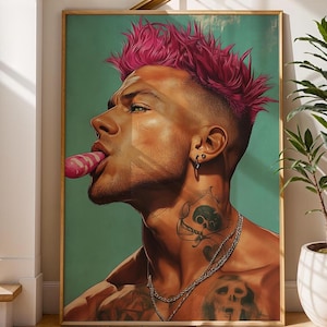 May include: A portrait painting of a person with pink hair, a skull tattoo on their neck, and a silver chain necklace. The person is looking to the side and has their tongue sticking out, holding a pink and white candy.