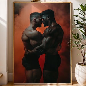 Powerful Male Connection - Intimate Male Portrait Wall Art - Two Muscular Men Painting - Red Smoke Figurative Digital Print