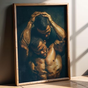 Tension and Trust – Intimate Embrace Between Muscular Men - Emotive Male Portrait - Printable Oil Style Artwork for Moody Home Decor