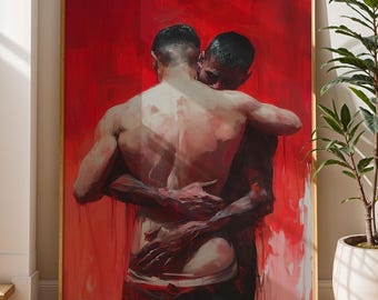 Impresión artística "Abrazo Emocional": Pintura Figurativa Roja (Descarga Digital)