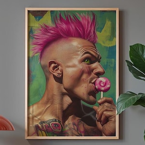 Neon Pink Mohawk Punk Art Print: Edgy Tattooed Man (Digital Download)