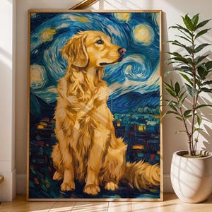 Arte mural de perro en la noche estrellada: cuadro de golden retriever estilo Van Gogh, retrato de mascota caprichoso, descarga digital
