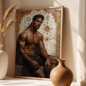 Sexy man with abs sitting against mosaic wall digital portrait– Sensual  male art print in oil style brushstrokes for Modern or Queer Decor