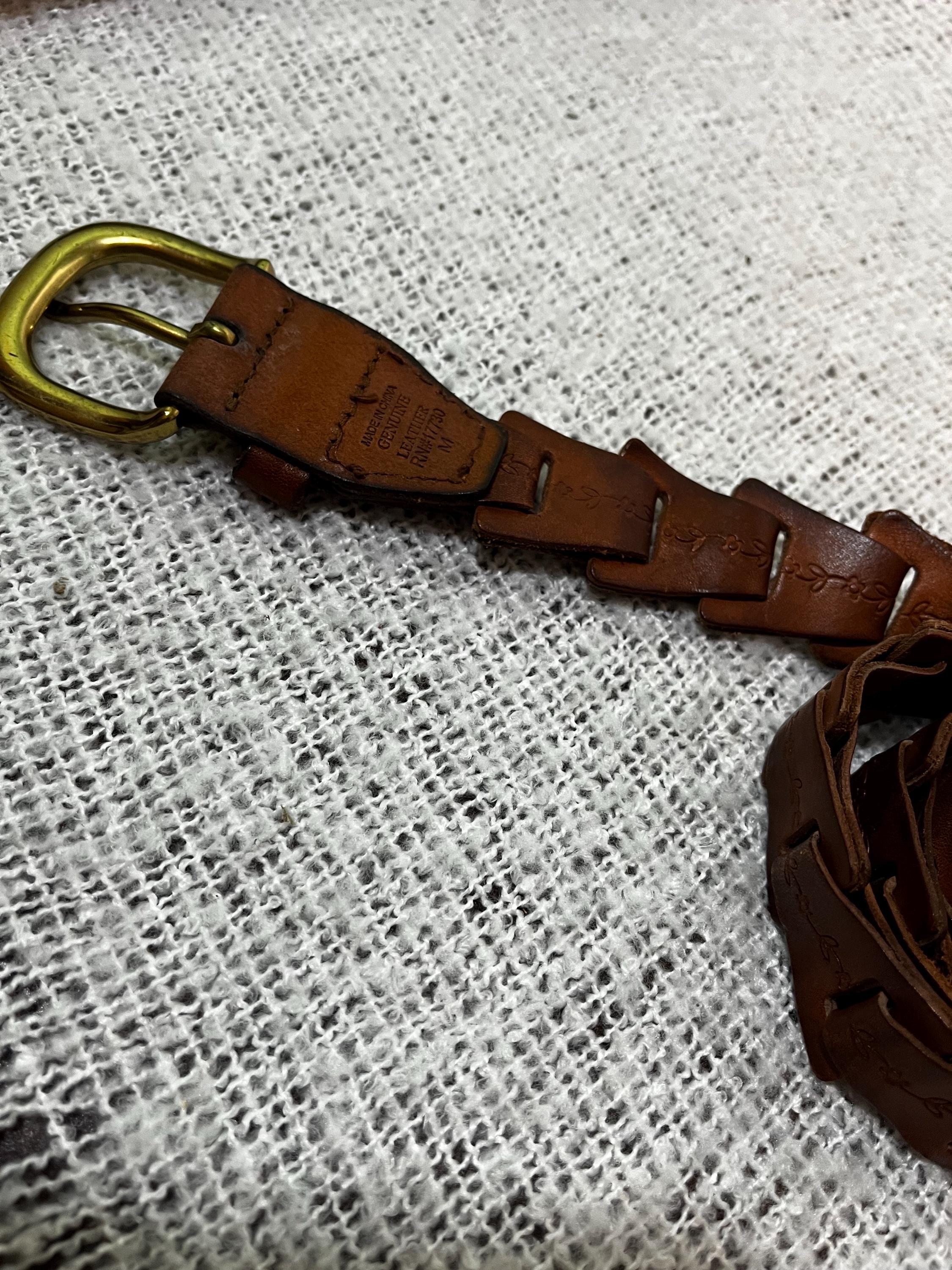 Vintage Gold-Tone Brass Brown Flower Leather Belt. Medium. Floral w/ Dyed Background Leather Belt – Genuine Billy Cook main image 3