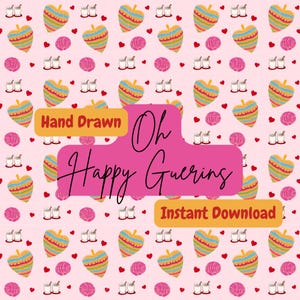 May include: A pink background with a repeating pattern of colorful hearts, pink pastries, and white cups of coffee. The text "Hand Drawn" is in a yellow box, and the text "Oh Happy Guerin's" is in a pink box. The text "Instant Download" is in an orange box.