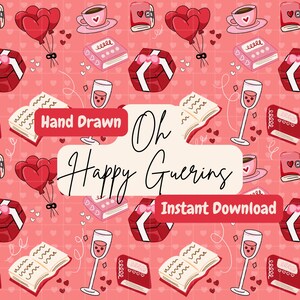 Patrón sin costuras del Día de San Valentín con amor de libros 300 DPI .PNG Descarga instantánea para papel digital, vinilo, superficie de tela Diseño dibujado a mano