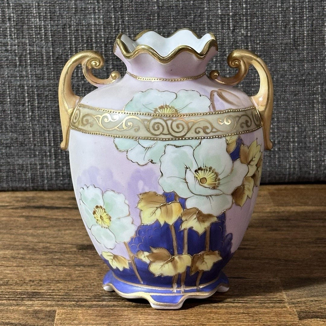 Antique 6” Hand Painted Nippon Double Handle Footed Vase Floral Gold - Etsy