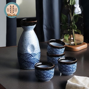 Handmade Blue Wave Porcelain Bottle & Cup,Japanese Ceramic Sake Set,Blue And Black Glazed Japanese Sake Set,Ceramic Cup,Unique Gifts For Her