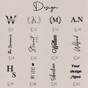 K&ouml;nnte beinhalten: Ein Blatt Papier mit 12 verschiedenen Designoptionen f&uuml;r ein Logo. Die Designs beinhalten ein Monogramm, ein Herz, einen Kranz und einen handschriftlichen Namen. Die Designs sind mit den Zahlen 1 bis 12 gekennzeichnet.