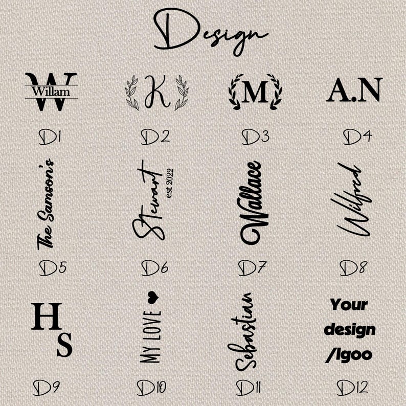 K&ouml;nnte beinhalten: Ein Blatt Papier mit 12 verschiedenen Designoptionen f&uuml;r ein Logo. Die Designs beinhalten ein Monogramm, ein Herz, einen Kranz und einen handschriftlichen Namen. Die Designs sind mit den Zahlen 1 bis 12 gekennzeichnet.