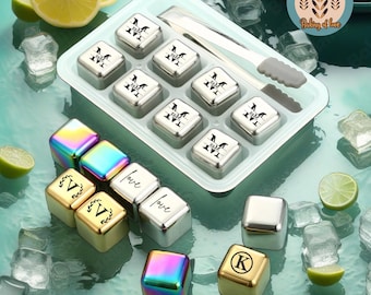 Personalisierte Whisky-Edelstahl-Eiswürfelsteine, kundenspezifische Initialen-Whisky-kühlende Steine, Metalleiswürfel, Whisky-Steinsatz, Geschenk für ihn