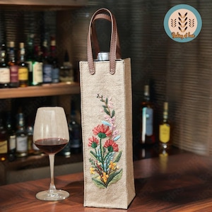 Handmade Embroidered Wine Tote,Reusable Wine Bags,Wine Accessories,Wedding Gift,Wine Tote,Gifts For Wine Lovers,Canvas Wine Carrier Bag,Gift