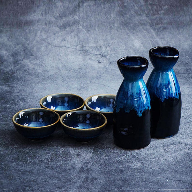 Handmade Blue Ceramic Bottle & Cups,Ceramic Bottle,Ceramic Sake Set,Blue And Black Glazed Japanese Sake Set,Sakeware For Hot/Cold Sake,Gifts