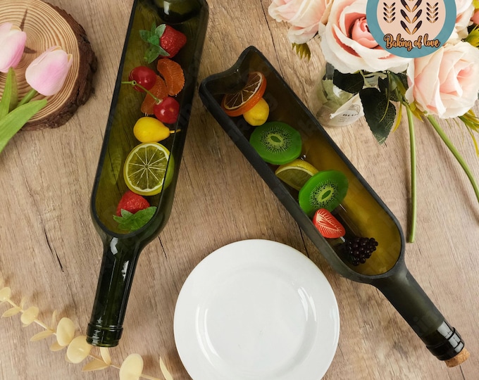 Olive Green Glass Serving Dish,Upcycled Wine Bottle Green Glass Platters,Glass Wine Bottle,Use For Cracker/Fruit/Nut Tray,Nut Tray,Best Gift