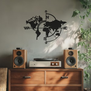 World Map Metal Wall Art - Travel and Adventure Decor, Compass Themed Metal Artwork, Modern Minimalist Wall Decor for Explorers Wanderers