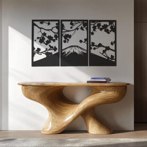 Japanese Mountain and Flower Metal Wall Art, 3-Piece Large Design, Handmade Botanical Decor, Perfect for Nature Lovers, Modern Style