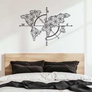 Art mural carte du monde en métal personnalisé - Rose des vents, silhouette géométrique en métal, décoration de voyage moderne, parfait pour la maison ou le bureau