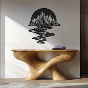 Arte murale in metallo con montagna, decorazione paesaggistica naturale, cartello moderno con riflesso sul lago, arte murale nella natura selvaggia, arte per avventure all'aria aperta, decorazione rustica per baite