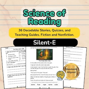 May include: Educational resources for reading, with the title "Science of Reading" and "Silent-E." The image shows worksheets, quizzes, and teaching guides. The text includes "36 Decodable Stories, Quizzes, and Teaching Guides. Fiction and Nonfiction."