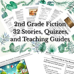 K&ouml;nnte beinhalten: Eine Sammlung von Arbeitsbl&auml;ttern f&uuml;r 2. Klasse-Fiction, mit 32 Geschichten, Quizfragen und Lehrerhandb&uuml;chern. Das Bild zeigt verschiedene Seiten mit Text und Illustrationen f&uuml;r das Leseverst&auml;ndnis.