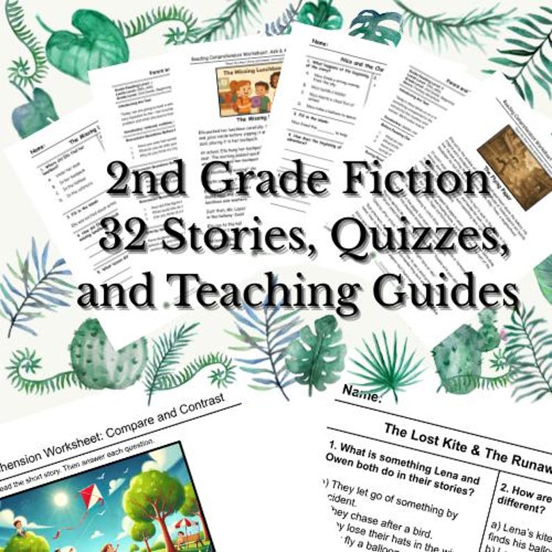 K&ouml;nnte beinhalten: Eine Sammlung von Arbeitsbl&auml;ttern f&uuml;r 2. Klasse-Fiction, mit 32 Geschichten, Quizfragen und Lehrerhandb&uuml;chern. Das Bild zeigt verschiedene Seiten mit Text und Illustrationen f&uuml;r das Leseverst&auml;ndnis.
