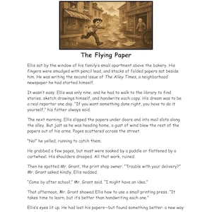 K&ouml;nnte beinhalten: Arbeitsblatt zum Leseverst&auml;ndnis mit dem Titel "The Flying Paper". Das Arbeitsblatt enth&auml;lt eine Kurzgeschichte und Fragen. Eine Illustration zeigt einen Jungen, der mit Papieren rennt. Der Text ist in schwarzer Schrift auf wei&szlig;em Hintergrund.