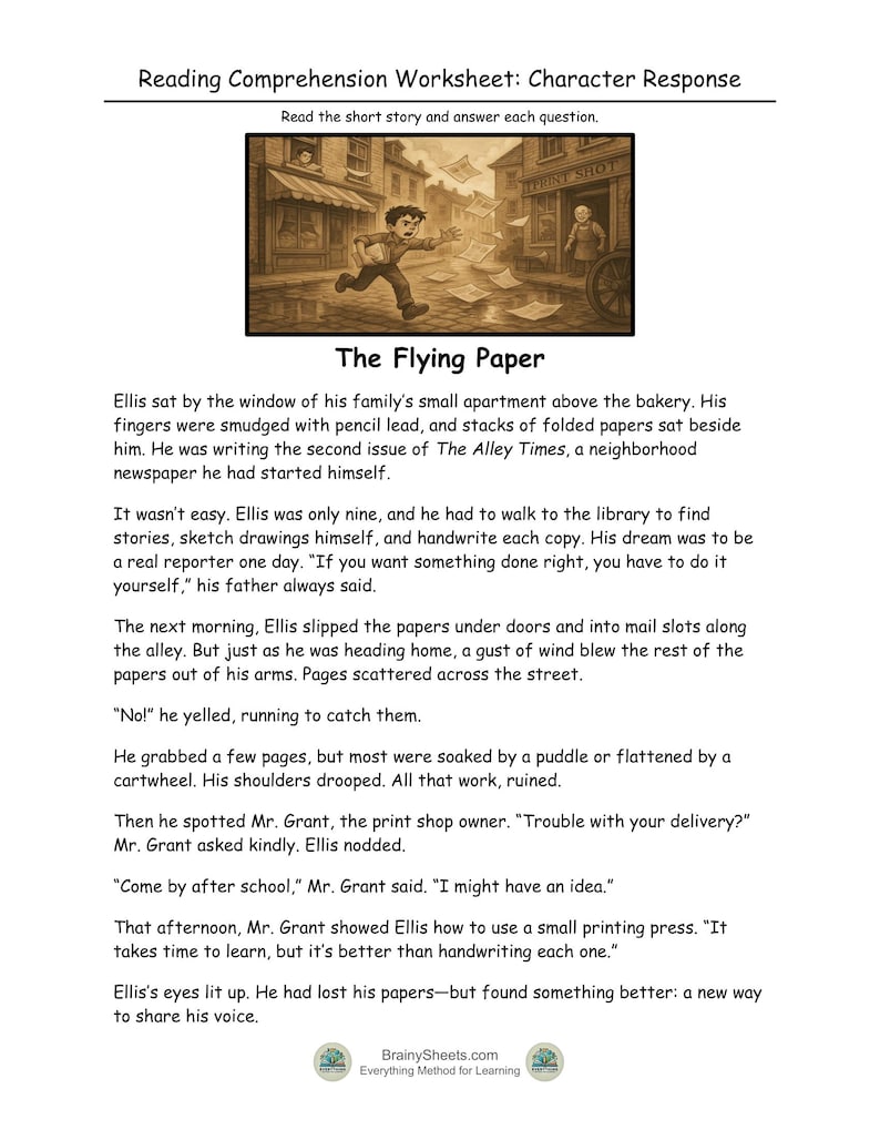K&ouml;nnte beinhalten: Arbeitsblatt zum Leseverst&auml;ndnis mit dem Titel "The Flying Paper". Das Arbeitsblatt enth&auml;lt eine Kurzgeschichte und Fragen. Eine Illustration zeigt einen Jungen, der mit Papieren rennt. Der Text ist in schwarzer Schrift auf wei&szlig;em Hintergrund.