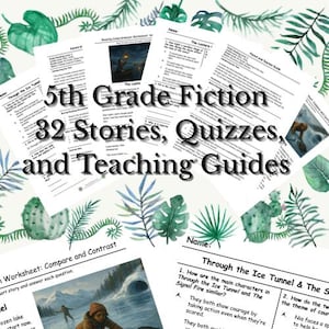 Puede incluir: Una colecci&oacute;n de hojas de trabajo, cuestionarios y gu&iacute;as de ense&ntilde;anza de ficci&oacute;n de 5.&ordm; grado. El texto dice "5th Grade Fiction, 32 Stories, Quizzes, and Teaching Guides". El fondo presenta ilustraciones de acuarela de hojas y cactus.