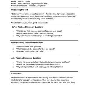 May include: A Parent and Teacher Guide for 3rd grade students, detailing the process of coffee production. The guide includes discussion questions and an activity idea, with the text 'BrainySheets.com' at the bottom.