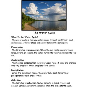 May include: A worksheet titled "Reading Comprehension Worksheet: Text Features & Structure" with a diagram of the water cycle. The diagram shows a lake with clouds and text explaining evaporation, condensation, precipitation, and collection.