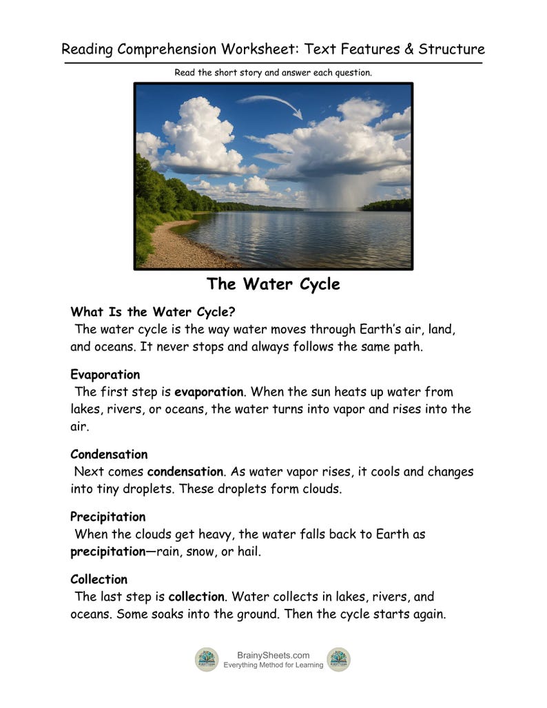May include: A worksheet titled "Reading Comprehension Worksheet: Text Features & Structure" with a diagram of the water cycle. The diagram shows a lake with clouds and text explaining evaporation, condensation, precipitation, and collection.
