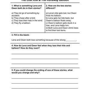 K&ouml;nnte beinhalten: Ein Arbeitsblatt mit dem Titel "The Lost Kite & The Runaway Balloon" mit Fragen zu einer Geschichte. Es enth&auml;lt Multiple-Choice-Fragen, L&uuml;ckentexte und offene Fragen. Das Arbeitsblatt dient dem Lernen.