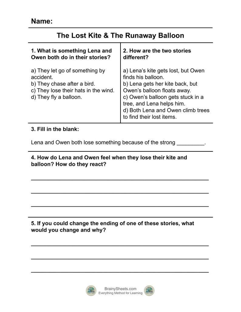 K&ouml;nnte beinhalten: Ein Arbeitsblatt mit dem Titel "The Lost Kite & The Runaway Balloon" mit Fragen zu einer Geschichte. Es enth&auml;lt Multiple-Choice-Fragen, L&uuml;ckentexte und offene Fragen. Das Arbeitsblatt dient dem Lernen.