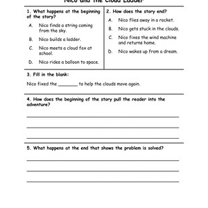 K&ouml;nnte beinhalten: Ein Arbeitsblatt mit dem Titel "Nico und die Wolkenleiter" mit L&uuml;ckentext- und Multiple-Choice-Fragen. Das Arbeitsblatt ist f&uuml;r Bildungszwecke konzipiert und enth&auml;lt Text und Fragen zu einer Geschichte.