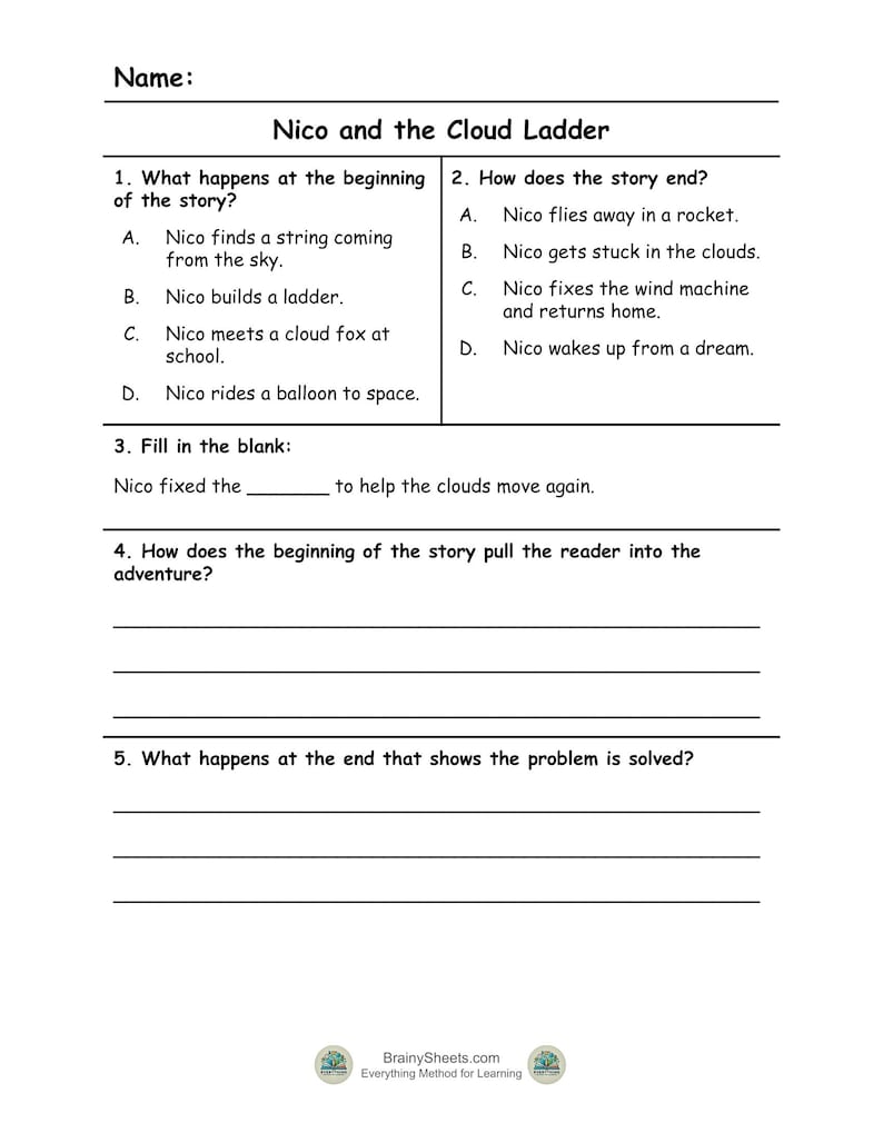 K&ouml;nnte beinhalten: Ein Arbeitsblatt mit dem Titel "Nico und die Wolkenleiter" mit L&uuml;ckentext- und Multiple-Choice-Fragen. Das Arbeitsblatt ist f&uuml;r Bildungszwecke konzipiert und enth&auml;lt Text und Fragen zu einer Geschichte.