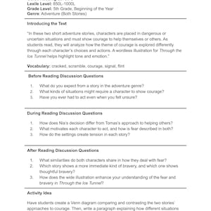 Puede incluir: Una Gu&iacute;a para padres y maestros con texto sobre historias de aventuras para 5&ordm; grado. La gu&iacute;a incluye preguntas de discusi&oacute;n y una idea de actividad para analizar el coraje en las historias. La gu&iacute;a es de BrainySheets.com.